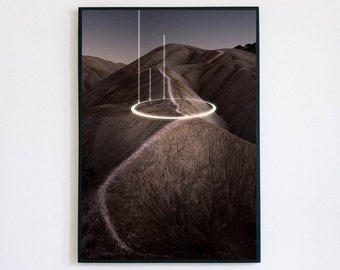 Long Exposure Landscape Wall Print, Modern Abstract Digital Download, Lenses Flare Photography, Rolling Hills, Extraterrestrial, Light Ring