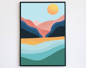Sunset and Sea Wall Print, Mountains and Sunset, Beach Art, Minimalist Wall Print, Digital Download, Geometric Illustration, Wavy