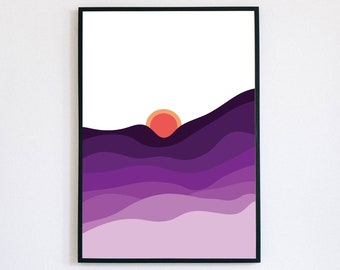 Sunset, Mountains, Poster Art, Digital Download, Views, Sun, Purple
