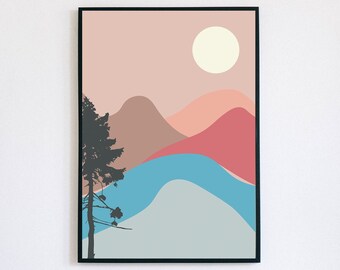 Mountains and Lake Wall Art Printable, Sky and Mountains, Illustrated Landscape, Modern