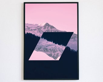 Abstract Landscape Wall Art, Pink Sunrise, Mountains and Mist, Geometric Landscape, Pine, Poster, Digital Art, Winter Scene
