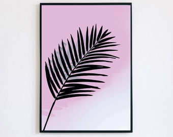 Palm Tree Beach Wall Print, Palm Silhouette, Pink Sky, Tropical Beach Scene, Digital Download, Breezy Palm, Modern and Simple