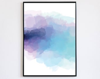 Blue and Purple Watercolor Wall Print, Modern Abstract Watercolor, Digital Download, Minimalist Watercolor, Watercolor Clouds, Simple