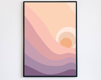 Sunset Mountains Printable Wall Art, Simplistic and Modern, Digital Download, Curved Mountains, Warm Tones