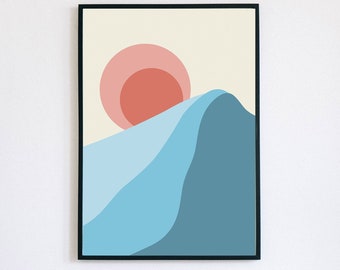 Sunset Blue Mountain Printable Wall Art, Bohemian Modern, Minimalistic Digital Download, Abstract Art, Room Décor