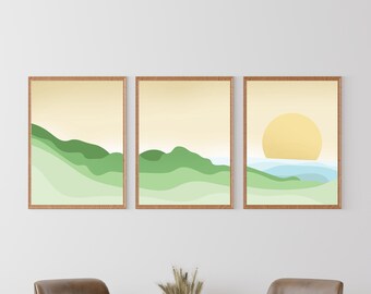 Green Mountain Sunset Wall Art, Sunset and Sea, Digital Landscape Print, Trendy Wall Art, Green and Blue, Golden Sunset, Minimalist