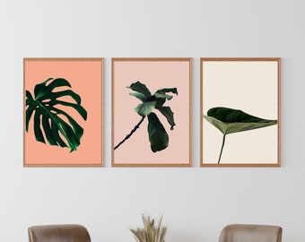 Set of 3 Plants Printable Wall Art, Pink, Beige, Yellow, Simple, Modern Wall Art