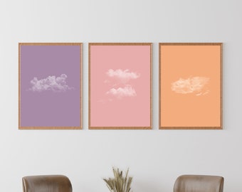 Set of 3 Clouds wall art printable, Purple, Pink, Orange, Modern 3 Piece Art, Simple, Contemporary