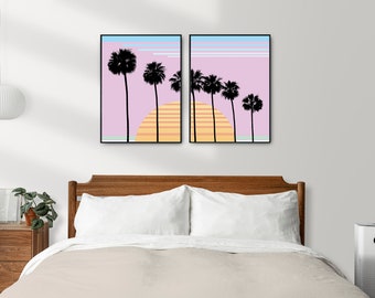 Retro Palm Tree Print, Digital Palm Tree Download, Retro Beach Wall Print, Abstract Beach, Modern Wall Art, Retro Sunset, Turquoise