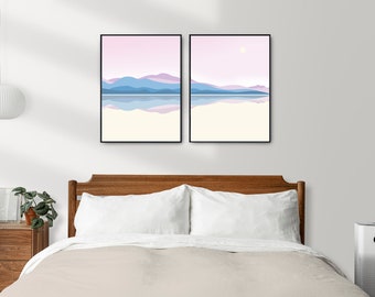 Modern Mountain Reflection Wall Art, Lakeside Landscape, Minimalist Printable Wall Art, Nature Art, Sunset on Water Wall Art, Light Blue