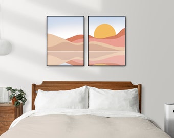 Mountain Reflection Wall Art Print, Sunset and Mountains Wall Art, Digital Download Print, Desert Sun, Pink and Beige Wall Art, Modern