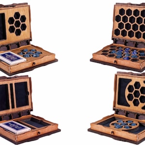 May include: Four wooden boxes with different compartments and lids. The boxes are open and show compartments for dice and cards. The boxes are made of light brown wood with dark brown accents.