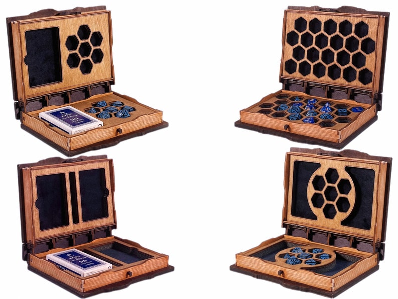 May include: Four wooden boxes with different compartments and lids. The boxes are open and show compartments for dice and cards. The boxes are made of light brown wood with dark brown accents.