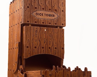 May include: A wooden dice tower with a hinged front panel and a carved wooden sign that reads "Dice Tower".