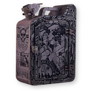 May include: A wooden box shaped like a petrol can with a hinged door and a metal latch. The box is decorated with a black and white image of a woman in a military uniform, a skull, and the words "Their Lives Your Freedom" and "Land Strong".