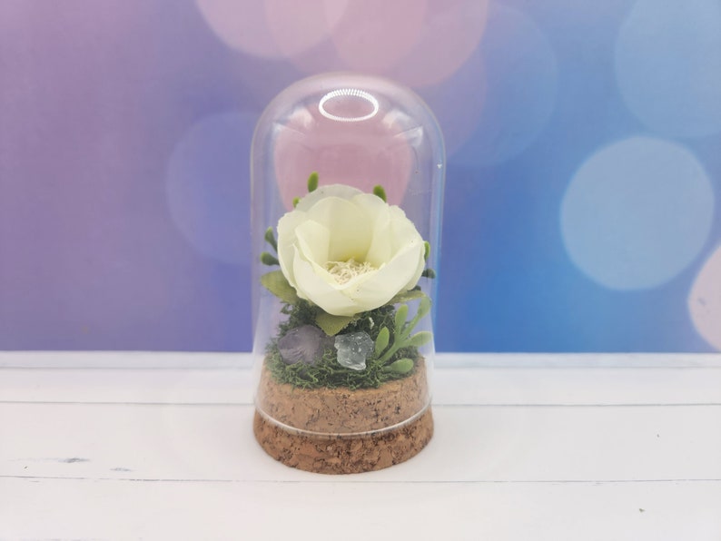May include: A white flower with green leaves is displayed in a glass dome on a cork base. The dome is clear and sits on a white surface.