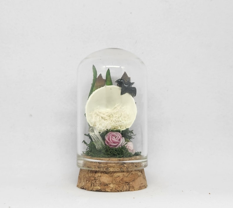 May include: A glass dome with a cork base contains a small, white, dried flower arrangement. The arrangement includes a dried flower, dried moss, and a small, black bird figurine.