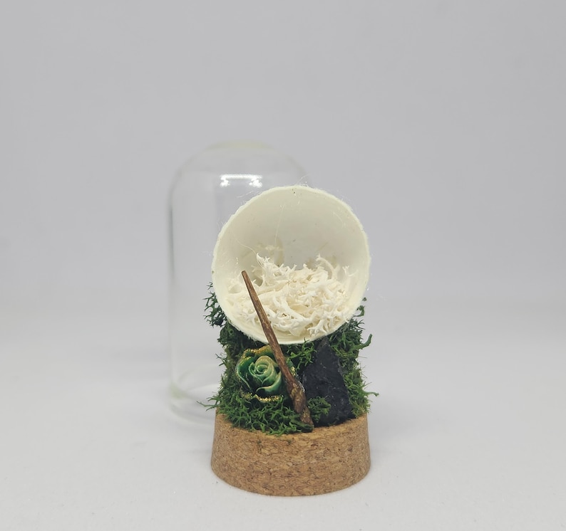 May include: A glass cloche with a cork base, containing a white egg shell filled with white dried moss and a small wooden stick. The base is decorated with green moss and a small green rose.