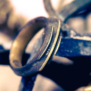 Peut inclure: Gros plan d'une bague en métal doré et brun foncé avec une surface texturée.