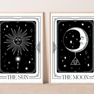 Mystical astrology wall art, The star and the moon tarot card art, Set of two tarot art prints, Boho celestial home decor printable, digital