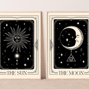 Tarot art print set, Mystical astrology wall art, Sun moon vintage print, Esoteric tarot card art, Pink black celestial home decor, digital