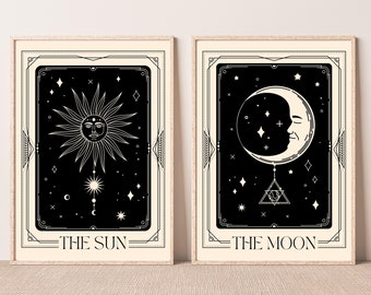 Tarot art print set, Mystical astrology wall art, Sun moon vintage print, Esoteric tarot card art, Pink black celestial home decor, digital