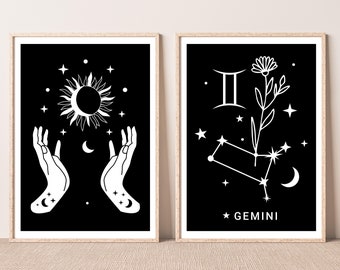 Gemini astrology print, Gemini poster, Birth flower print digital, Flower month art, Bohemian magical wall art, Gemini birthday gift her