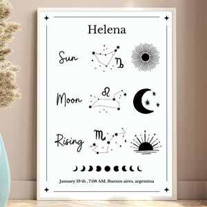 Sun moon rising wall art, Personalized zodiac sign constellation print, Custom birthday horoscope print, Zodiac sun moon rising poster