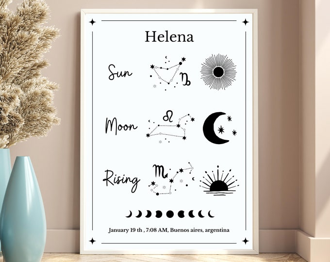 Sun moon rising wall art, Personalized zodiac sign constellation print, Custom birthday horoscope print, Zodiac sun moon rising poster