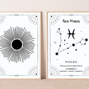 Custom zodiac sign print, Personalized star sign print gift birthday, Horoscope zodiac constellation print, Astrology wall art gift her