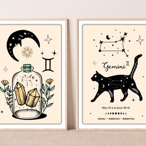 Impressão do signo de Gêmeos, arte de parede da constelação de Gêmeos, conjunto de arte de parede de cartas de tarô, impressões de arte mística, decoração de parede celestial de astrologia digital
