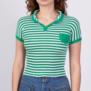 Vintage 70s Green And White Striped Knit Collared Crop Top - Extra Small XS | Short Sleeve Stretchy Fitted Cropped Pocket Shirt