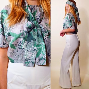 Vintage 1970s Handmade Green and Silver/Gray Crop Top