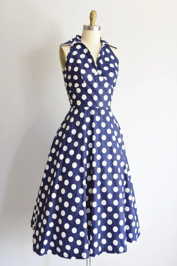 Vintage 1950s Blue Polka Dot Dress - image 3