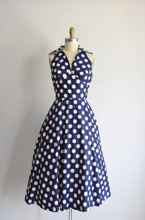 Vintage 1950s Blue Polka Dot Dress - image 1