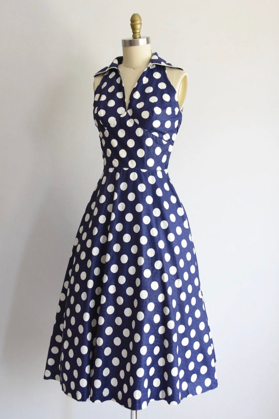 Vintage 1950s Blue Polka Dot Dress - image 2