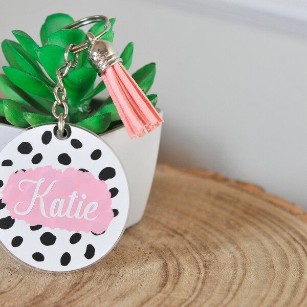 Personalised Pink Dalmatian Spotted Keyring Choice of Colour Tassel