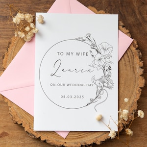 Carte personnalisée pour ma femme le jour de notre mariage : couronne de fleurs et enveloppe au choix
