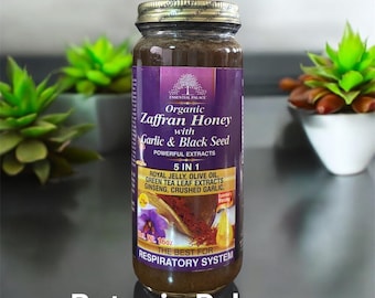 Organic Zaffran(Saffran) Honey With Garlic & Black Seed  5 In 1, Vitamins A B and C  By Essential Palace - 16 oz Glass Bottle