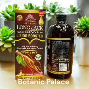 May include: A brown bottle and box of "Long Jack" libido booster. The box features text and an illustration of a ginseng root. The bottle and box have the words "Essential Palace" and "Organic" on them. The product is 18 fl oz.