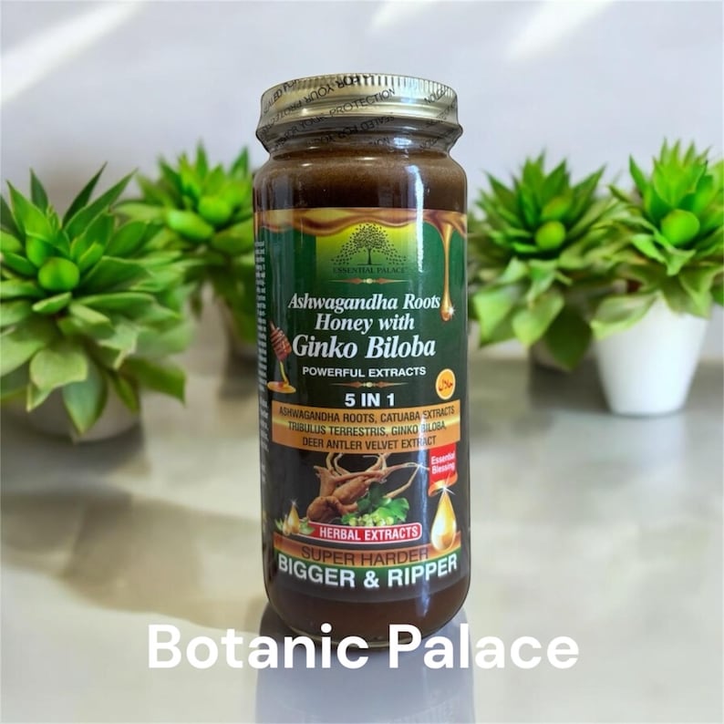 Organic Ashwagahnda Roots Honey with Ginko By Essential Palace - 16 oz Glass Bottle bild 1