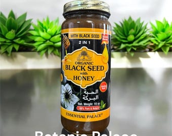 Organic Black Seed With Honey 2 in 1 By Essential Palace 16 oz Glass Bottle.
