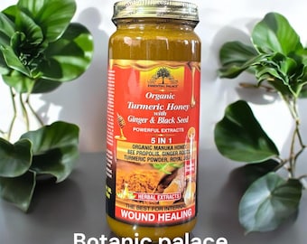 Organic Turmeric Honey with Ginger & Black Seed 5 In 1 By Essential Palace 16 oz Glass Bottle