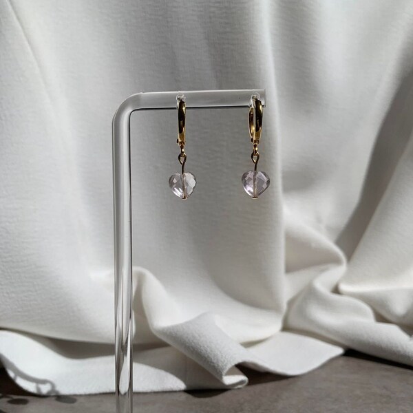 Boucles d'oreilles cœur dormeuses plaqué Or 24 carats véritable Améthyste