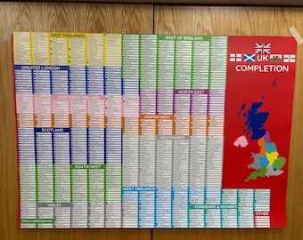 May include: A large, rectangular UK completion poster featuring a colorful map of the United Kingdom on the right side, accompanied by the text UK COMPLETION and various national flags. The left side contains organized checklists for regions including East Midlands, Greater London, Northern Ireland, Scotland, South West, Wales, East of England, North East, North West, South East, West Midlands, and Yorkshire & Humber.