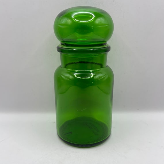 Grand bocal en verre vert avec couvercle, émeraude tchèque vintage peint à la main avec couvercle - France