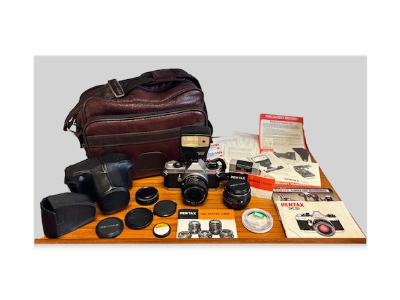 1982 Pentax MG SLR Camera, 28mm Lens, Flash, Bag (Vintage Film)