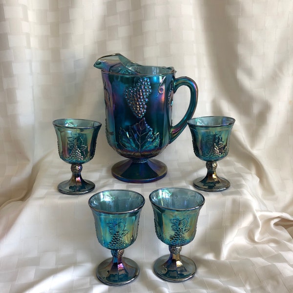 Vintage Iridescent Blue Carnival Glass Harvest Grape Pitcher with 4 Goblets