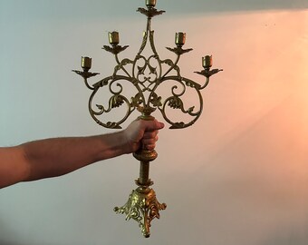 LARGE - Old Vintage 5 Branch Etched Brass Candelabra