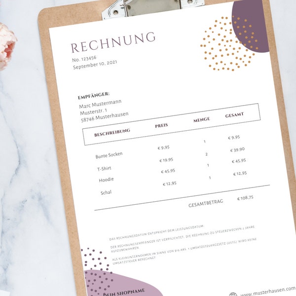 Rechnungsvorlage Kleinunternehmer Korrekte Rechnung deutsch Digital Canva Download A4 template invoice